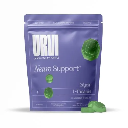 URVI® Neuro Gummies – L Theanin & Glycin mit Vitamin B1 & B6 für normale Nervenfunktion – Zuckerfrei, Glutenfrei – Grüner Tee & Apfel Geschmack – 30 Gummies*