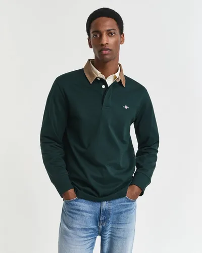 GANT Langarm-Poloshirt "CORD COLLAR HEAVY RUGGER", Herren, Gr. S, Tartan Grün - Herren-Shirt aus 100% Baumwolle im casual Stil mit Cordkragen und seitlichen Saumschlitzen für hohen Tragekomfort. Ideal für entspannte Freizeitlooks.