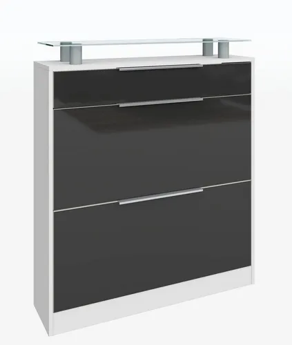 Schuhschrank "Oliva1" in graphit-glänzend - Praktischer Stauraum für Ihre Schuhe - Moderner Schuhschrank mit 2 Klappen und 1 Schubkasten, ideal für 12-16 Paar Schuhe. Elegante Glasablage und hochwertige Metallgriffe machen ihn zum Blickfang in Ihrer Garderobe.