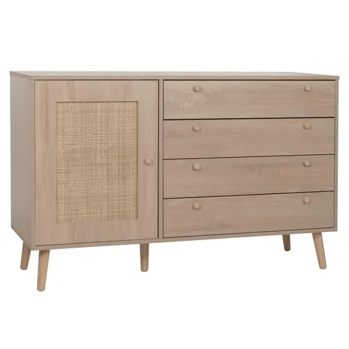 Sideboard HWC-M43: Hochwertige Kommode mit Kubu Rattan - Kommode mit 4 Schubladen und Ablagefach, aus kratzfestem Melamin und elegantem Kubu Rattan – ideal für stilvolle Stauraumlösungen.