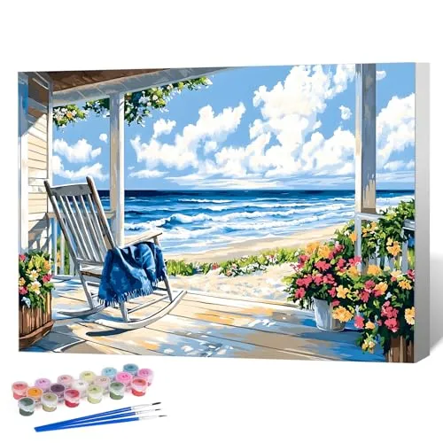 OkarinaArt Malen nach Zahlen für Erwachsene mit Rahmen – Küstenlandschaft & Meereslandschaft, Framed Paint by Numbers Set auf Leinwand für DIY Wanddekoration, 20 x 30 cm
