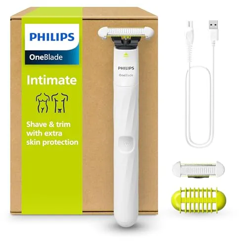 Philips OneBlade Intimate - Elektrischer Intimrasierer für Männer und Frauen - Elektrorasierer für Damen mit SkinProtect Klingen für sanfte Rasur ohne Hautirritationen, 100% wasserdicht und ideal für empfindliche Stellen.
