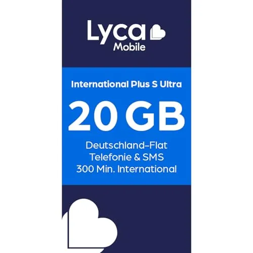 Lycamobile Lyca Mobile International Plus S Ultra Prepaid SIM Karte - Prepaid SIM-Karte mit 20 GB High-Speed-Daten und unbegrenzten Anrufen in Deutschland. Flexibel ohne Vertrag, ideal für internationale Telefonate in 100 Länder. EU-Roaming inklusive!