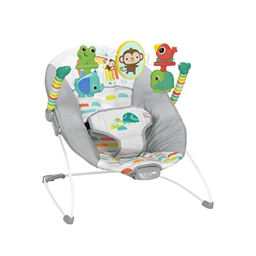 Bright Starts Playful Paradise Babywippe - Babywippe mit beruhigender Vibration und interaktiven Spielzeugen für Babys von 0-6 Monaten; ideal für süße Momente und Sicherheit dank 3-Punkt-Gurt.