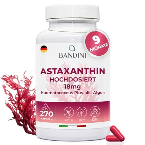 Bandini® Pure Astaxanthin 18 mg - 270 Kapseln für 9 Monate - Hochdosiertes Astaxanthin in veganen Kapseln, ideal für eine einfache tägliche Einnahme. 270 Kapseln garantieren eine langanhaltende Versorgung ohne unerwünschte Zusätze.