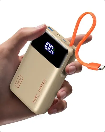 INIU 45W Power Bank, Ultra Klein 20000mAh Powerbank mit Integriertem USB C Kabel, Schnellladen Externe Handyakkus, Flugtauglich, Reise-Essential für Notfälle, Stromausfälle, iPhone 17 16, Beige