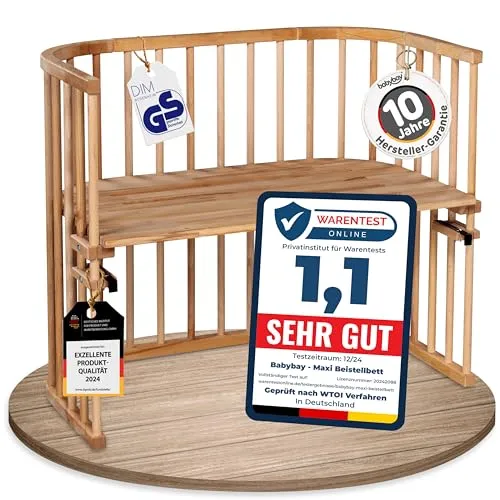 babybay Maxi Beistellbett aus Buchenholz – verstellbar und umweltfreundlich - Beistellbett für Babys, stufenlos höhenverstellbar ohne Spalt oder Wackeln, ideal für Nähe zu den Eltern. Flexibel und mitwachsend, verwandelt sich in Sitzbank oder Spieltisch.