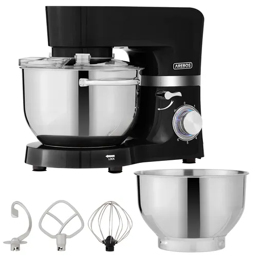 Arebos Küchenmaschine 1500W Schwarz - Geräuscharm mit 2 Edelstahl-Rührschüsseln - Knet- & Rührmaschinen mit 1500W-Motor, 6 Geschwindigkeiten und Planetenrührsystem für perfekte Ergebnisse. Inklusive 2 Edelstahlschüsseln für flexible Teigzubereitung.