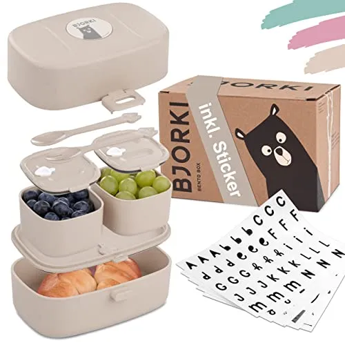 BJORKI® Bento Box für Kinder inkl. BONUS Namensticker - Auslaufsichere Lunchbox mit Fächern - Nachhaltige Brotdose Kinder für Kindergarten & Schule - Die Jausenbox für unterwegs. (Pastell Beige)