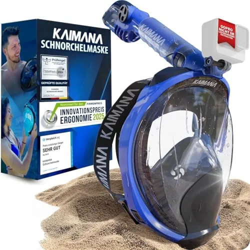 KAIMANA® Schnorchelmaske für Erwachsene & Kinder - CO2-sicher & komfortabel - Erlebe schnorcheln ohne Bedenken mit der KAIMANA® Vollgesichtsmaske. Das innovative 2-Kammersystem sorgt für ein sicheres Atmen, während der Dual-Soft-Silicon für optimalen Tragekomfort sorgt. Inkl. Tragetasche!