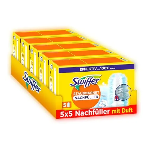 Swiffer Staubmagnet Nachfüllpackung, 25 Tücher mit Febreze-Duft - Effiziente Nachfülltücher für den Swiffer Staubmagnet. Fangen 3-mal mehr Staub und Haare ein als herkömmliche Staubwedel. Für ein sauberes Zuhause ohne Rückstände.