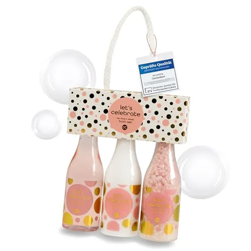 accentra - Let's celebrate Geschenkset Frauen in Plastik Sekt-Fläschchen - Bade- & Duschset mit Tea Rose & Velvet inkl. Duschgel, Bodylotion & Badesalz - 3-Teiliges Wellness Set für Damen & Mädchen