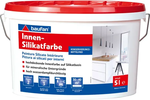 baufan Innen-Silikatfarbe 5l - Hochwertige Innensilikatfarbe - Farben für mineralische Untergründe, gut deckend und hoch wasserdampfdurchlässig, ideal für ein gesundes Raumklima mit nur 150ml/m² pro Anstrich.