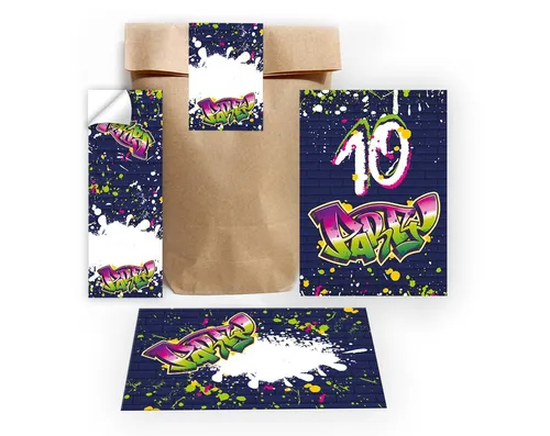 JUNAPACK Einladungskarten Graffiti zum 10. Geburtstag Einladungen Karte mit Umschlägen Mitgebsel, Mitgebsel Set mit Graffiti für Kinder zum zehnten Geburtstag