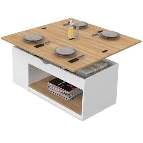 IDMarket Couchtisch ELEA 100 cm - Klappplatte in Holz weiß und Buchenholzoptik - Moderner Couchtisch mit klappbarer Platte, der sich schnell in einen Esstisch verwandeln lässt. Ideal für kleine Räume und vielseitig einsetzbar.