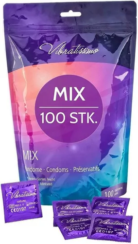 VIBRATISSIMO Kondome Mix 100er Pack - Gefühlsecht & Aromatisiert - Kondome für Männer, extrem dünn mit 0,07 mm Wandstärke für intensives Haut-an-Haut-Vergnügen. Enthält verschiedene Varianten für Abwechslung und Genuss.