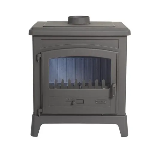 Gusseiserner Holzofen 10kW Godin 389143 - Grau/Schwarz - Der robuste Kaminofen LE FONTEVAL bietet eine manuelle Regelung und beheizt Räume bis 330 m² effizient. Mit Panorama-Glastür für einen tollen Blick auf das Feuer und anthrazit lackiertem Gusseisen.