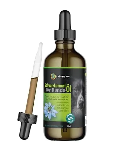 Kräuterland Schwarzkümmelöl für Hunde 100ml - kaltgepresst & nativ - Hochwertiges, kaltgepresstes Schwarzkümmelöl in der praktischen 100ml Flasche mit Pipette. Ideal zur Fütterung und Fellpflege, unterstützt die tägliche Ernährung Ihres Hundes. Made in Germany!