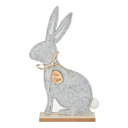 creativ home Filz HASE Osterhase sitzend auf Holzbase, Ca 26cm. Deko Osterhase, Filzhase mit Schleife (Grau)