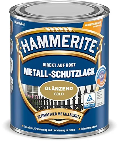 HAMMERITE Metallschutz-Lack Glänzend Gold 250ml - Hochwertiger Metall-Schutzlack in glänzendem Gold, ideal für langlebigen Rostschutz und dekorative Oberflächen im Innen- und Außenbereich.