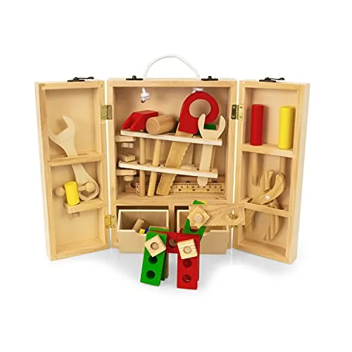 AFH Webshop Werkzeugkasten Holz Kinderwerkzeugkasten Kinderspielzeug Bauarbeiter Holzspielzeug Spielzeug