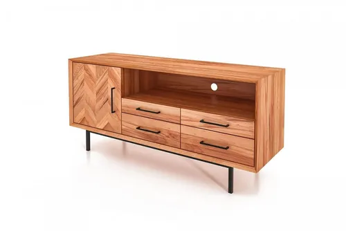 TV-Board Seiba Kernbuche mit Fischgrätmuster - Elegantes TV-Board aus massiver Kernbuche mit 1 Tür, 4 Schubladen und offenem Fach. Ideal für das Wohnzimmer, bietet es viel Stauraum und ein modernes Design mit stabilem Metallgestell.