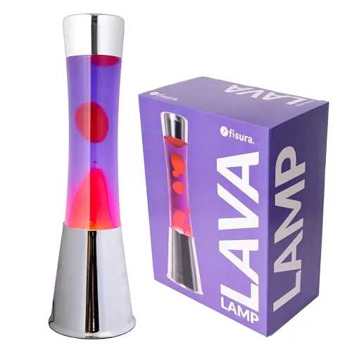 FISURA - Lavalampe rot und lila. Verchromter Silbersockel, lila Flüssigkeit und rote Lava. Lavalampe mit Ersatzbirne. Maße: 11 x 11 x 39,5 Zentimeter.