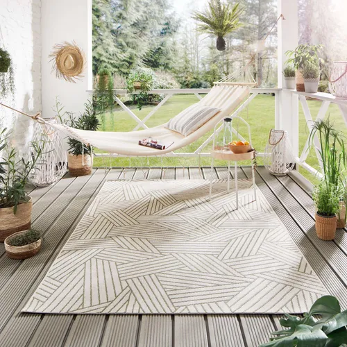 Steffensmeier Indoor Outdoor Teppich Öland Balkon Terrasse Küche Garten wasserfest Kunststoff, strapazierfähig , Kristall Beige Grün, 80x150 cm