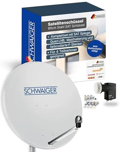 Schwaiger 714500 SAT-Antenne 75 cm - Quad LNB, hellgrau - SAT-Antenne mit 75 cm Durchmesser, ideal für den Empfang aller TV- und Radioprogramme. Das Quad LNB ermöglicht den Anschluss von bis zu 4 Teilnehmern und sorgt für perfekten Empfang in jeder Wetterlage.