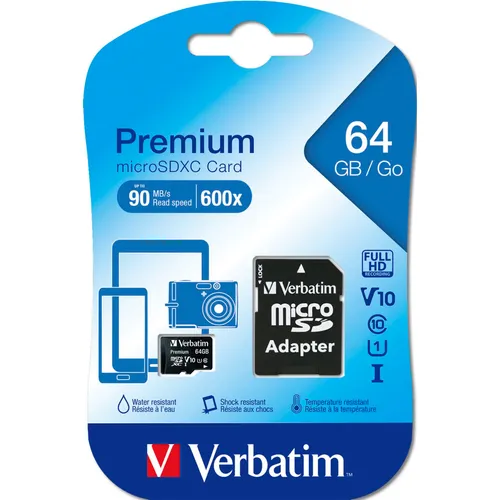 Verbatim Premium Micro SDXC Speicherkarte 64 GB mit Adapter - Ideal für Full-HD Foto- und Video-Aufnahmen, schnelle Datenübertragung und vielseitige Kompatibilität