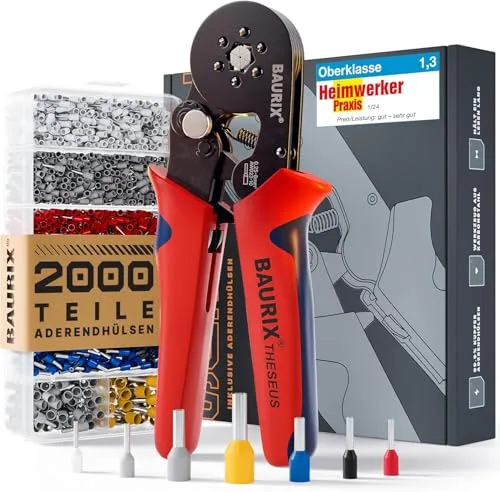 BAURIX Crimpzange mit 2000 Aderendhülsen Set – Selbsteinstellende Sechskantzange für Elektriker - Crimpzangen für zuverlässige Kabelverbindungen, mit automatischer Einstellung für Aderendhülsen von 0,25–6 mm² und 2000 Aderhülsen im Set.