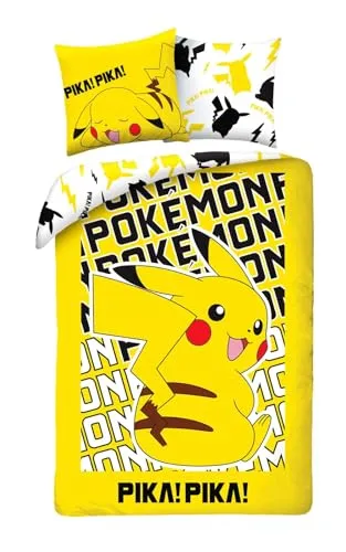 Pokemon Pikachu Kinder Bettwäsche - Bettwäsche-Set aus 100% Baumwolle mit hochwertigem Pokémon Design, ideal für Kinderzimmer. Atmungsaktiv und schadstoffgeprüft nach OEKO-TEX. Ideal als Geschenk!