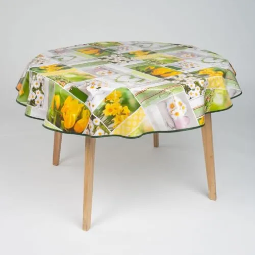 laro 140cm runde Wachstuch Tischdecke abwaschbar Wachstuchtischdecke mit Saum-Eingefasst-Paspelband, Muster:Blumen Narzissen Tulpen Margeriten, Größe: Rund 140cm