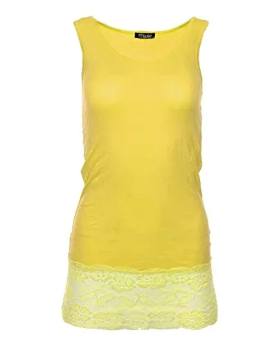 Easy Young Fashion - Damen Trägertop mit Spitzensaum - langes Unterziehshirt Skinny Fit 0518 (Gelb S/M)