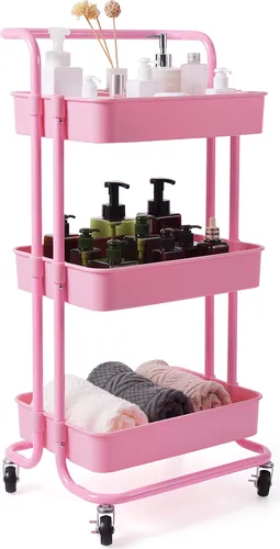COSTWAY Servierwagen auf Rollen - Praktischer Küchenwagen in Rosa - Vielseitiger Servierwagen mit 3 Regalen, ideal für Küche, Bad oder Büro. Hohe Belastbarkeit bis 60 kg und einfache Reinigung dank luftdurchlässiger Körbe. Flexibel und platzsparend – der perfekte Helfer für jeden Raum!
