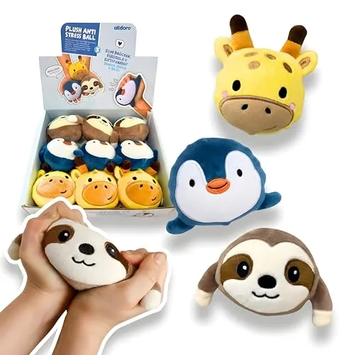 alldoro 68978 Plüsch Anti-Stress Ball 9er Set, Fidgetspielzeug mit Tiermotiven - 9 kuschelige Anti-Stress Bälle für Kinder ab 3 Jahren. Ideal zum Drücken und Kneten, bieten sie ein beruhigendes Spielerlebnis. Mit Faultier, Pinguin und Giraffe - perfekt für entspannende Momente zu Hause oder im Kindergarten.