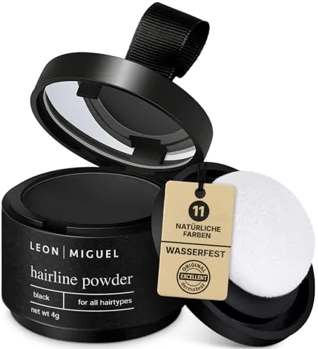LEON MIGUEL Ansatzpuder - wasserfestes Hairline Powder als perfekten Haar Concealer zum Ansatz kaschieren, unsichtbares Haar Make-up zur Haarverdichtung (Schwarz, Hairline Powder)