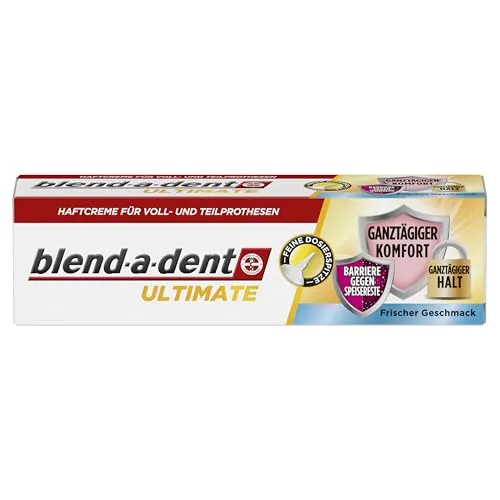 blend-a-dent Ultimate Haftcreme, frischer Geschmack - 40 g - Die blend-a-dent Ultimate Haftcreme sorgt für starken Halt und angenehmen Tragekomfort bei Voll- und Teilprothesen. Sie verhindert das Eindringen von Speiseresten und bietet langanhaltende Frische.