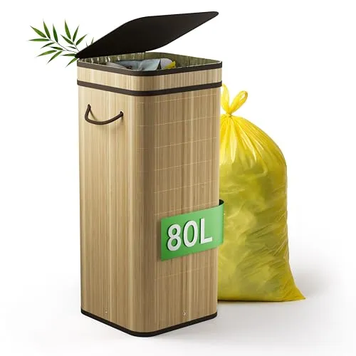 NewHabitat Gelber Sack Ständer aus Bambus - 80L mit geruchsdichtem Deckel - Nachhaltiger Mülleimer für Gelbe Säcke, stabil und geruchsdicht, ideal für Küche oder Haushaltsraum. Einfacher Aufbau und schlichtes Design in Holzoptik.