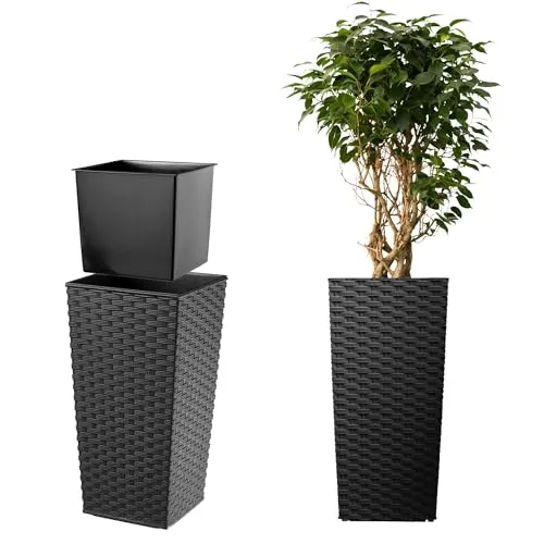 KADAX Pflanzkübel mit Innentopf, Höhe 75cm, Schwarz Rattan – Wetterfester Blumentopf für Innen & Außen, ideal für Garten, Balkon & Terrasse, zum Bepflanzen, Dekorieren und als stilvoller Übertopf