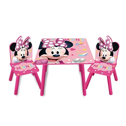 ARDITEX – Tisch- und 2 Stuhl-Set aus Holz für Kinder Offizielle Lizenz Minnie Mouse – Tisch 50x50x44 cm/Stuhl 26,5x26,5x50 cm – Pink – Ideal zum Spielen, Malen und Basteln