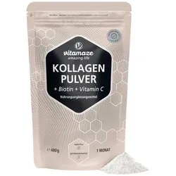 Kollagen Pulver + Biotin + Vitamin C 480 g - Nahrungsergänzungsmittel für gesunde Haut und Haare. Enthält Kollagen, Biotin und Vitamin C zur Unterstützung der Kollagenbildung und des Immunsystems.