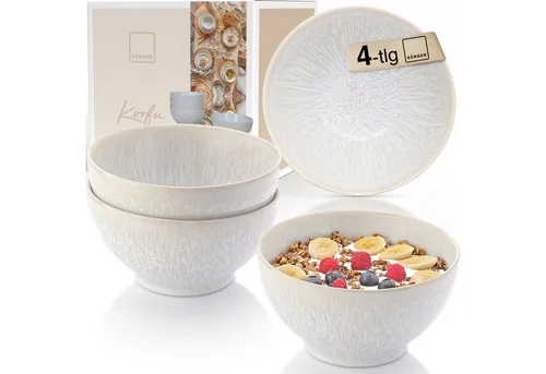 SÄNGER Korfu Steingut Bowl Set 4 teilig - Müslischalen Set für 4 Personen, spülmaschinen- und mikrowellenfest, mit einzigartiger sandiger Maserung für ein mediterranes Flair.