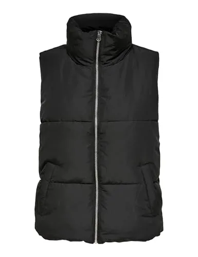 JdY Damen Jdynewerica Short Waistcoat, Black mit Silberner Reißverschluss - Funktionsjacke für die Übergangszeit, mit komfortablem Polyesterfutter und modischem Design.