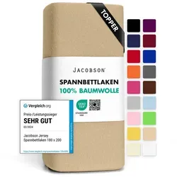 Jacobson Spannbettlaken TOPPER aus 100% Baumwolle, Jersey Bettlaken 160 g/m2, Spannbetttuch mit Gummizug, pflegeleicht & viele Farben beige 180 - 200 cm x 220 cm