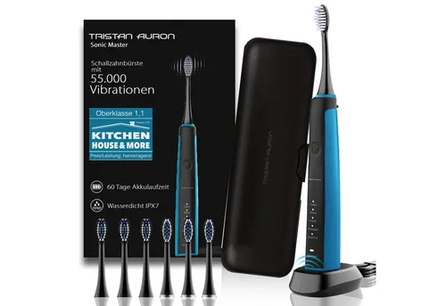 Tristan Auron Schallzahnbürste mit 55.000 VPM und 5 Modi - Erleben Sie gründliche Reinigung mit der Tristan Auron Schallzahnbürste. 6 Aufsteckbürsten und ein 2-Minuten-Timer sorgen für optimale Mundpflege. Ideal für die tägliche Nutzung, inkl. Ladestation und praktischem Reiseetui.