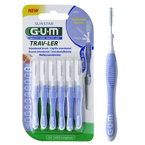 GUM Trav-Ler Interdentalbürsten 6er, hellblau, ISO 0 - Praktische Interdentalbürsten für die gründliche Reinigung schwer erreichbarer Stellen, inklusive Schutzkappe für hygienische Aufbewahrung.