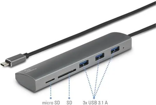 Renkforce RF-3374948 USB-Hub 3 Port USB-A, SD, microSD USB 3.0 5 GBit/s mit eingebautem SD-Kartenleser, mit Aluminiumgehäuse