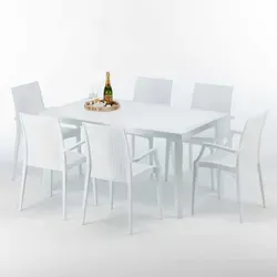 SummerLIFE Grand Soleil Tischset mit 6 Bistrot-Stühlen - Weiß - Elegantes Set mit einem weißen rechteckigen Tisch (150x90 cm) und 6 stabilen Bistrot-Stühlen aus hochwertigem Polypropylen. Ideal für den professionellen Einsatz in Bars, Restaurants oder im Garten.