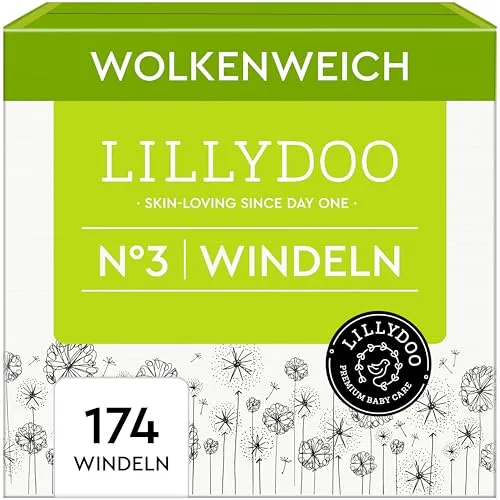 LILLYDOO hautfreundliche Baby Windeln - Größe 3 (6+ kg), Monatsbox (174 Stück), Sicherer Auslaufschutz, Weich, Ohne Parfüme & Lotionen für empfindliche Haut, Dermatologisch getestet